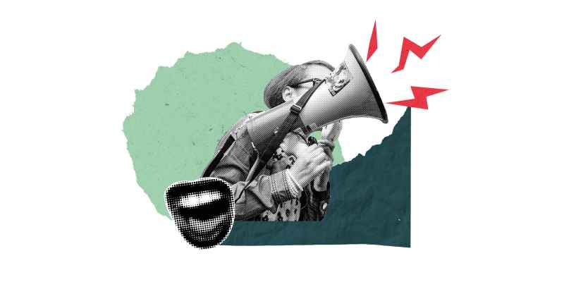 hands holding up a sign of a yelling mouth, a hand holding a megaphone