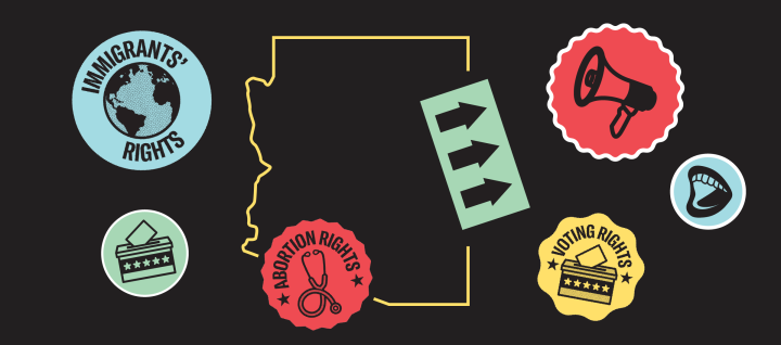 Black background with colorful stickers about voting rights and the Arizona state outline
