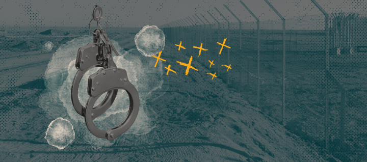 Image of a chain-link fence in the desert, with a collage of handcuffs and yellow "x's"