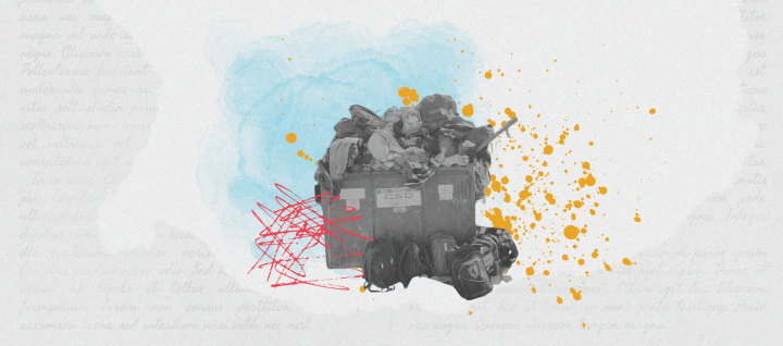 Collage of people's belongings in a dumpster in front of the U.S. border wall.