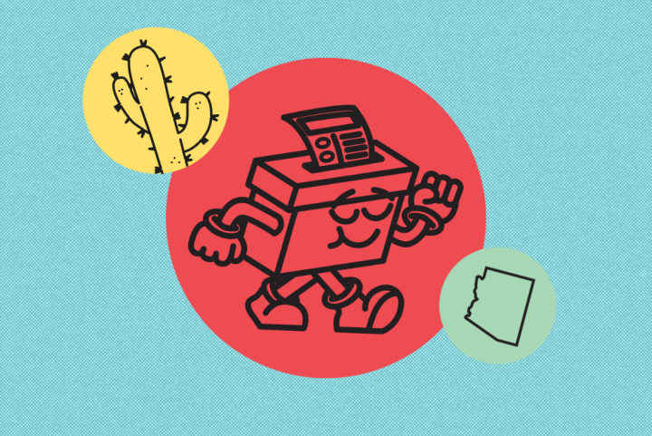ballot box character on red circle, blue background. 