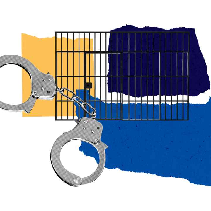 hand cuffs in front of a yellow and blue collage with prison bars behind it