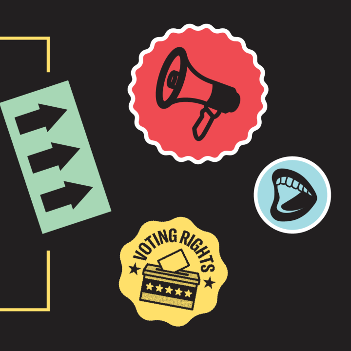 Black background with colorful stickers about voting rights and the Arizona state outline