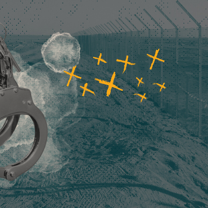 Image of a chain-link fence in the desert, with a collage of handcuffs and yellow "x's"