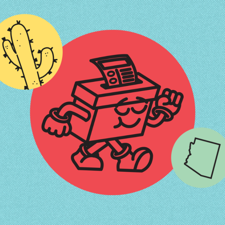 ballot box character on red circle, blue background. 