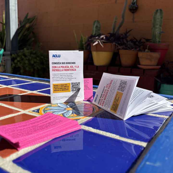 Know Your Rights zine with red cards on a tile table