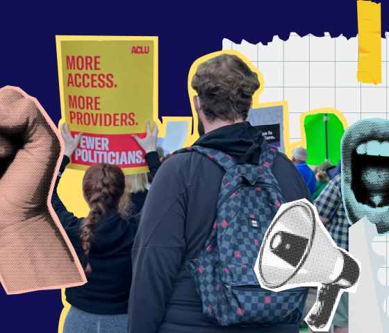 A collage with proesters, a fist, a megaphone, a yelling mouth, on a navy blue background